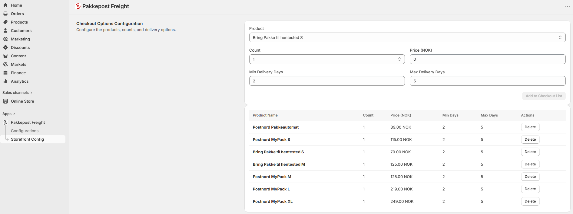 Storefront Config i Pakkepost-appen – velg fraktprodukter tilgjengelig for kunder