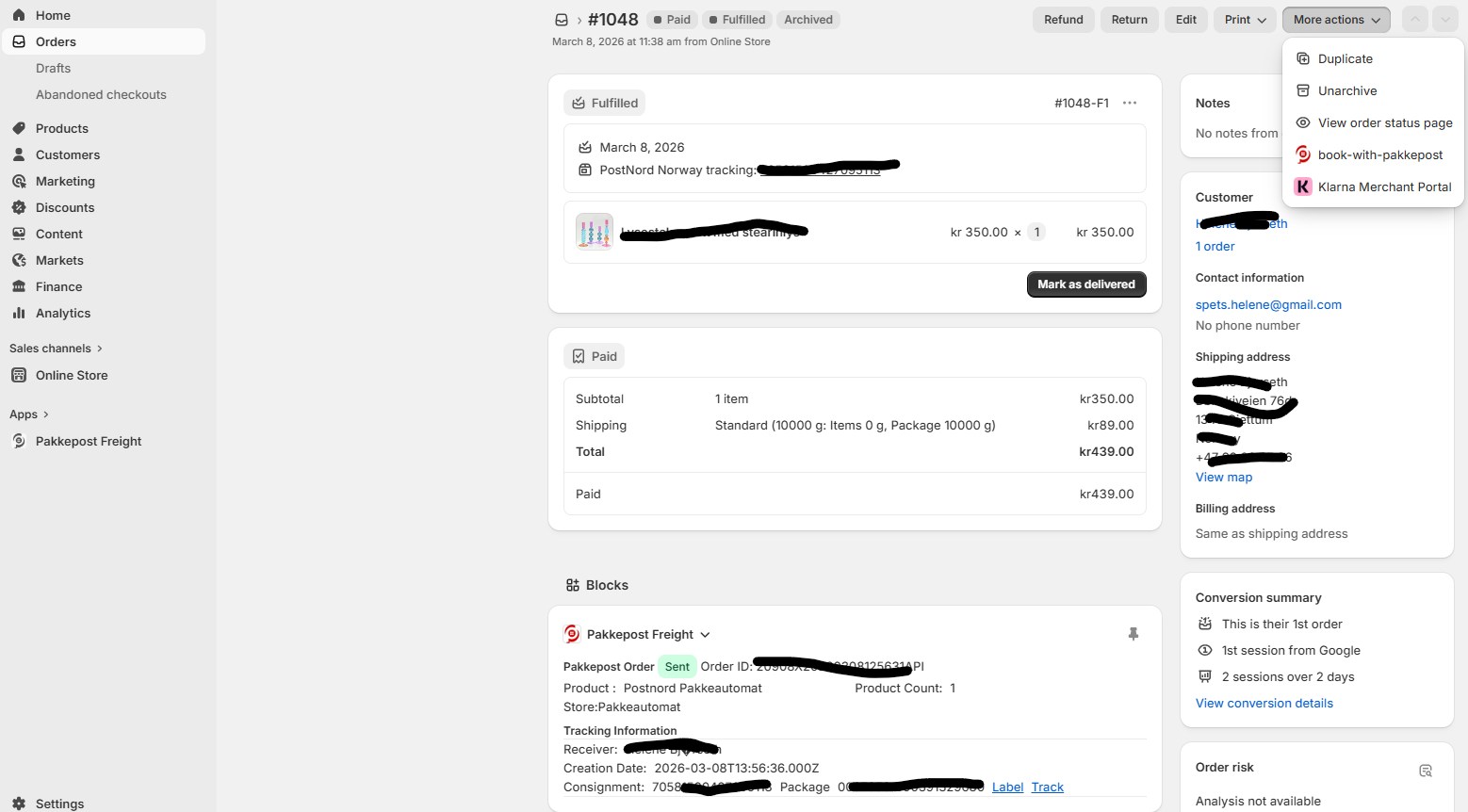 Send enkeltordre direkte fra ordredetalj-side i Shopify med Pakkepost-appen