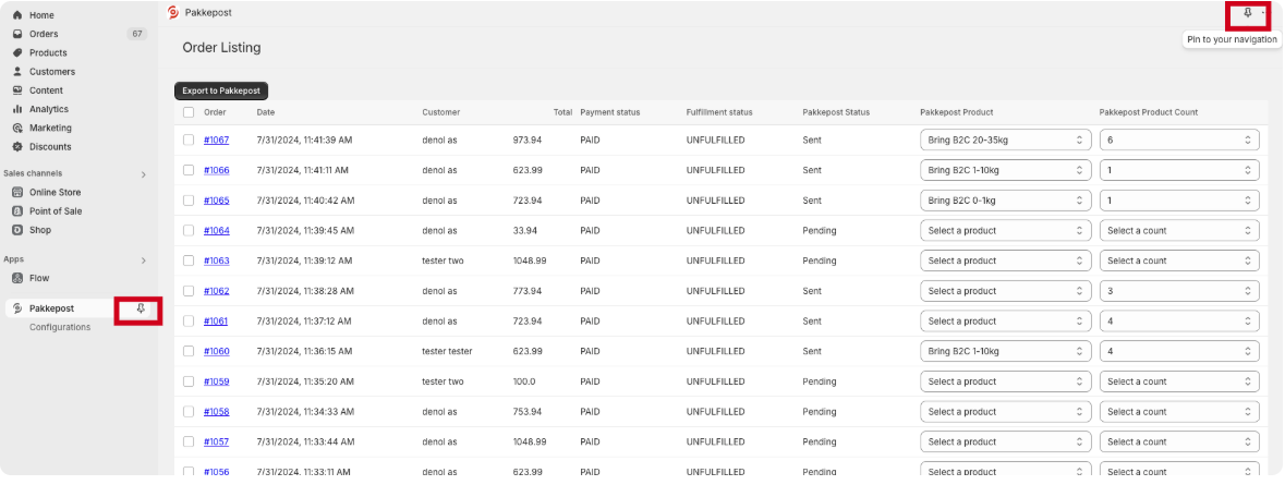 Pin Pakkepost-appen til Shopify admin-sidebar for raskere tilgang