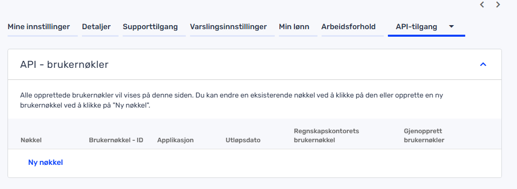 Opprett brukernøkkel i Tripletex under API-tilgang