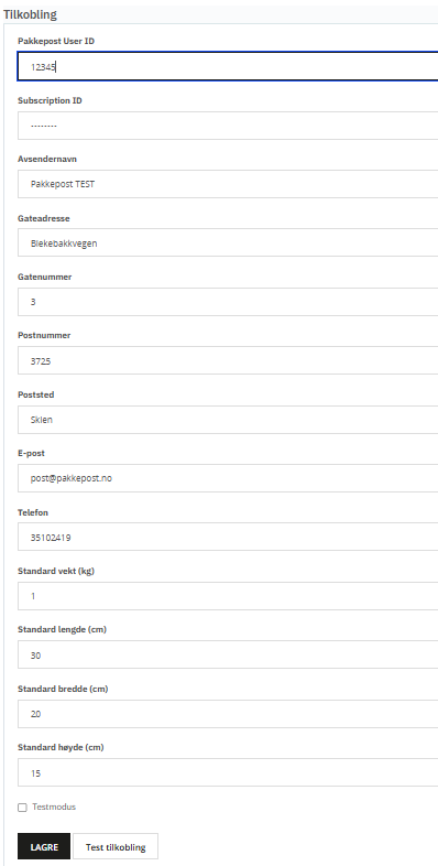 PrestaShop-modul: tilkobling med Pakkepost User ID og Subscription ID